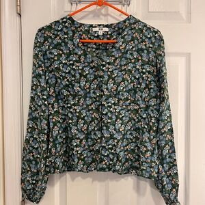 Uniqlo Women's Floral Print Long Sleeve V Neck Button Front Blouse